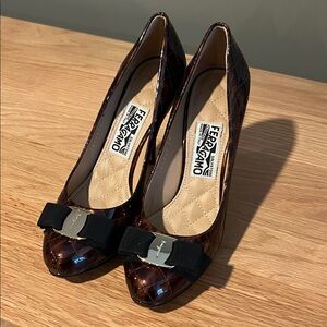 Salvatore Ferragamo Dark Brown Patent Heels with Bow (new with box and dustbag)